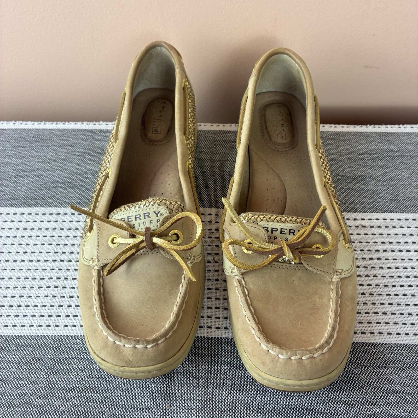 Sperry Top Sider Women’s Beige Gold Glitter Boat Shoes Loafers Size 9.5