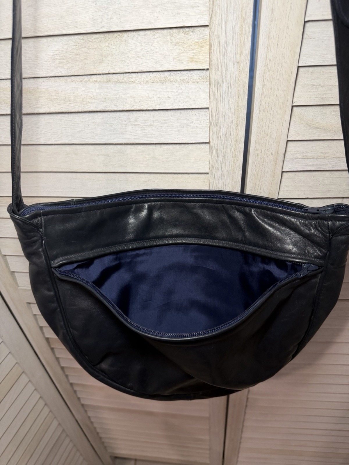 Vintage Italian Leather Navy Zip Half Moon Crossbody Bag Enny
