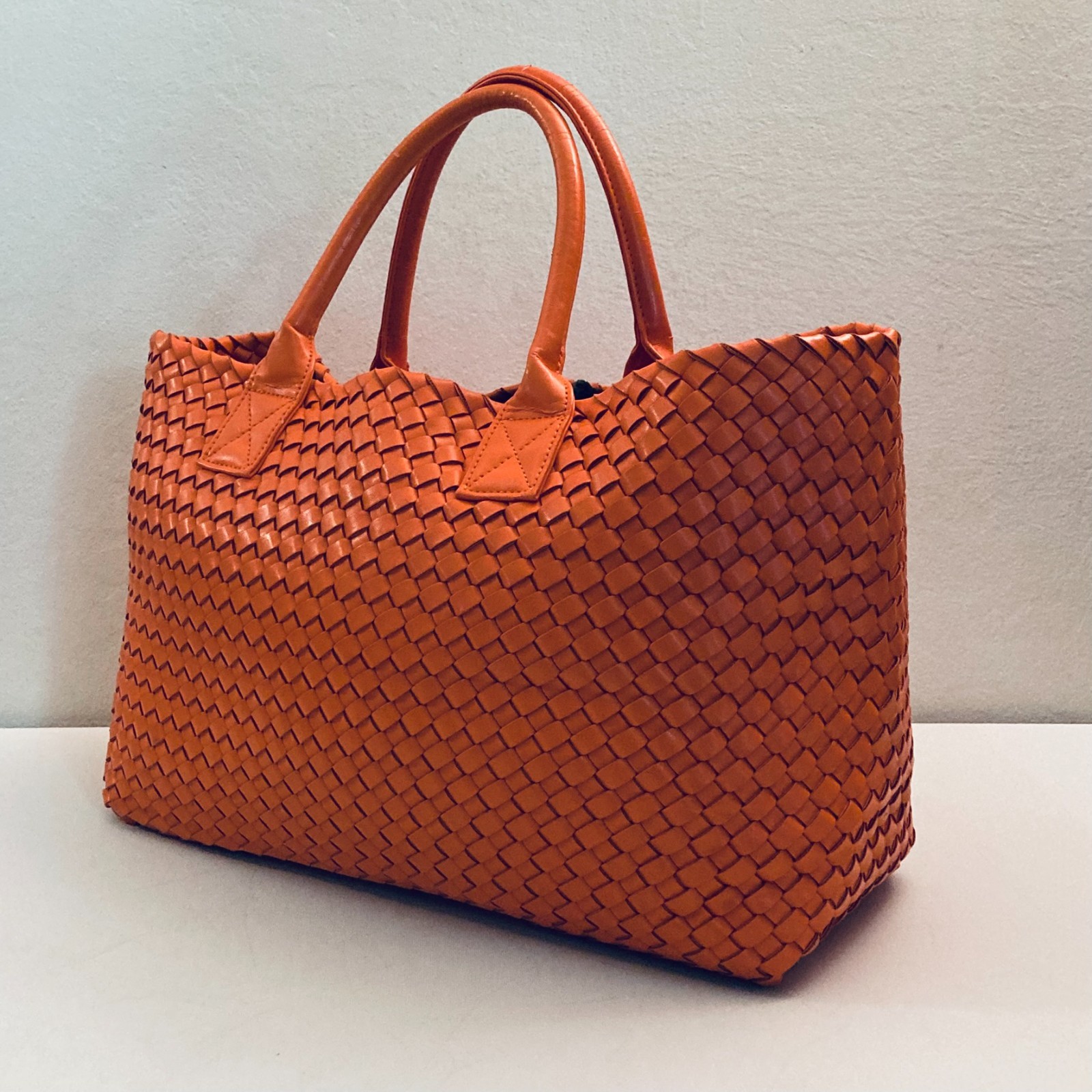 Woven Nappa Leather Tote Bag 21″ Intrecciato Shopper Lambskin Orange Large