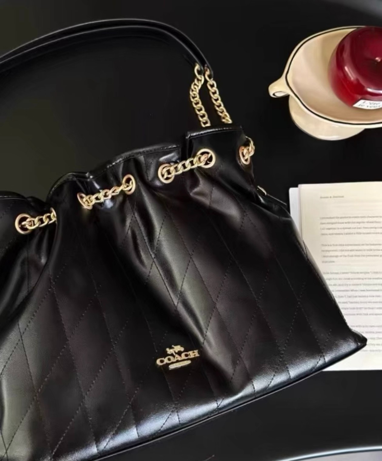COACH CDR00 Evelyn Shoulder Bag Quilting Smooth Leather Black Gold NWT
