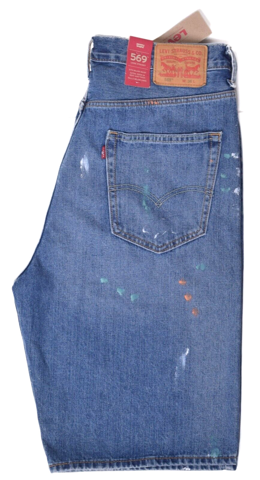 Levis Mens Shorts Size 30 569 Loose Straight Paint Splat Blue Cotton Denim NWT