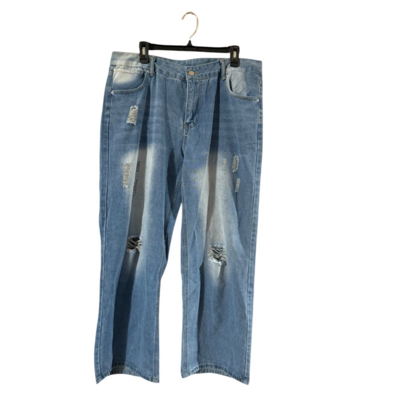 Jeans Distressed Blue Straight High Rise Plus Cotton Blend Denim Pockets 395