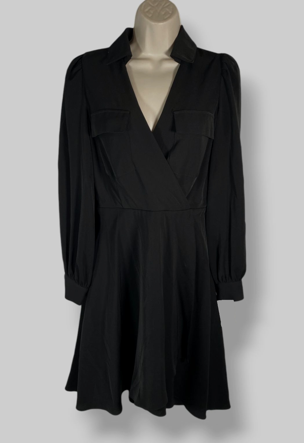 DKNY Women’s Black Balloon-Sleeve Faux-Wrap Logo Wrap Midi Dress Size 4