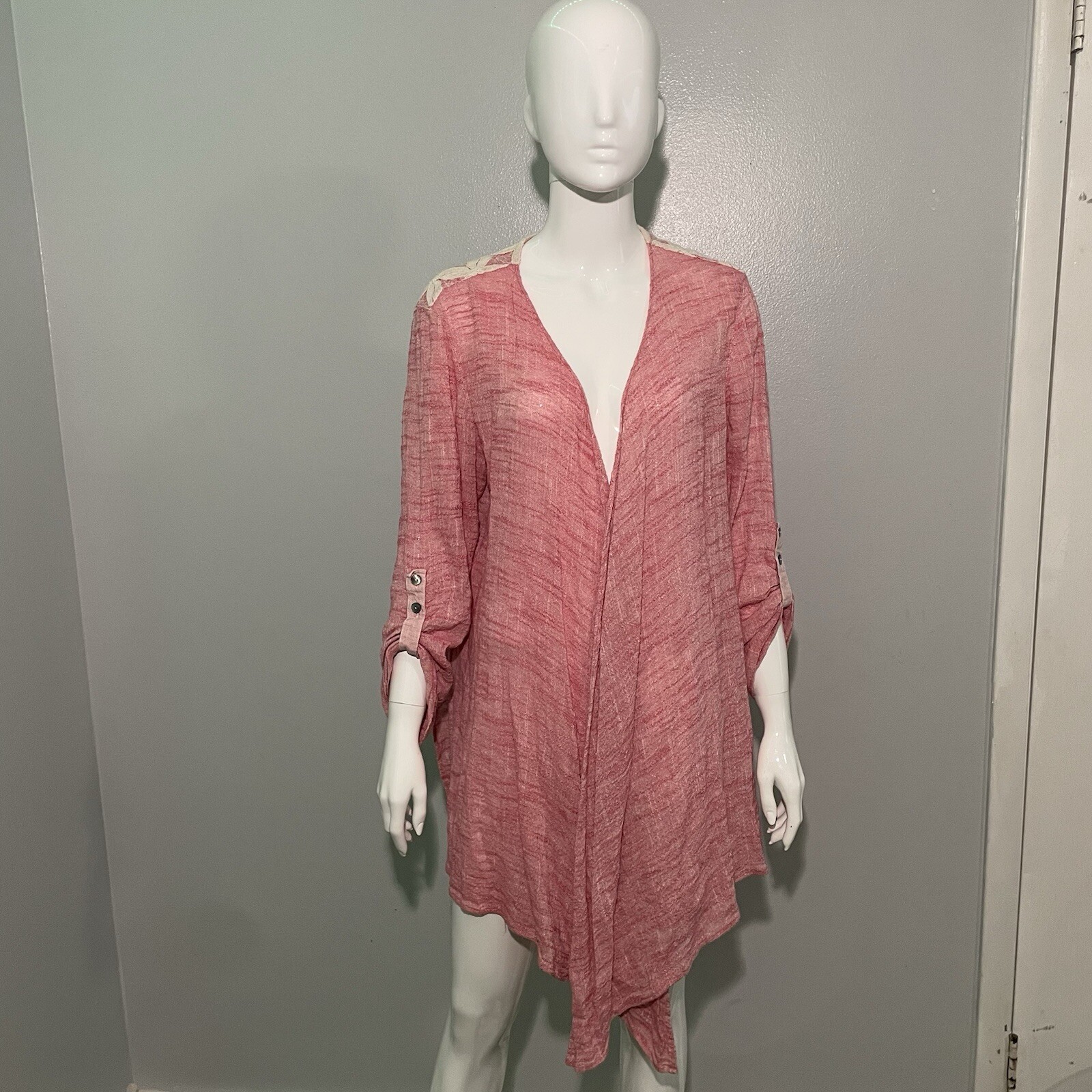 John Mark Open Front Linen Blend Cardigan Size Lg Pink Floral Lace Button Back