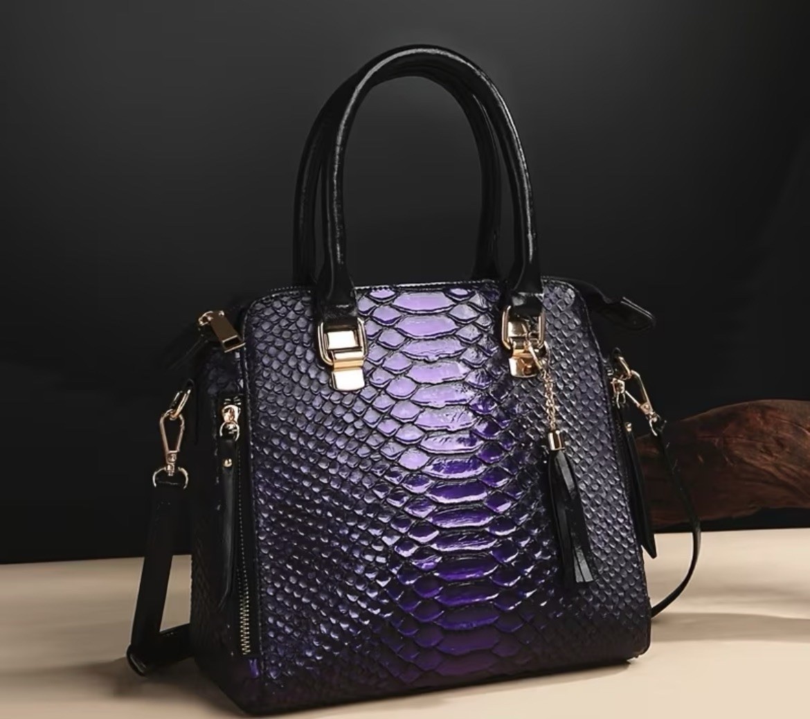 Snake Embossed Brown Satchel Top Handle Bag Zip, Tassel, Detachable Strap