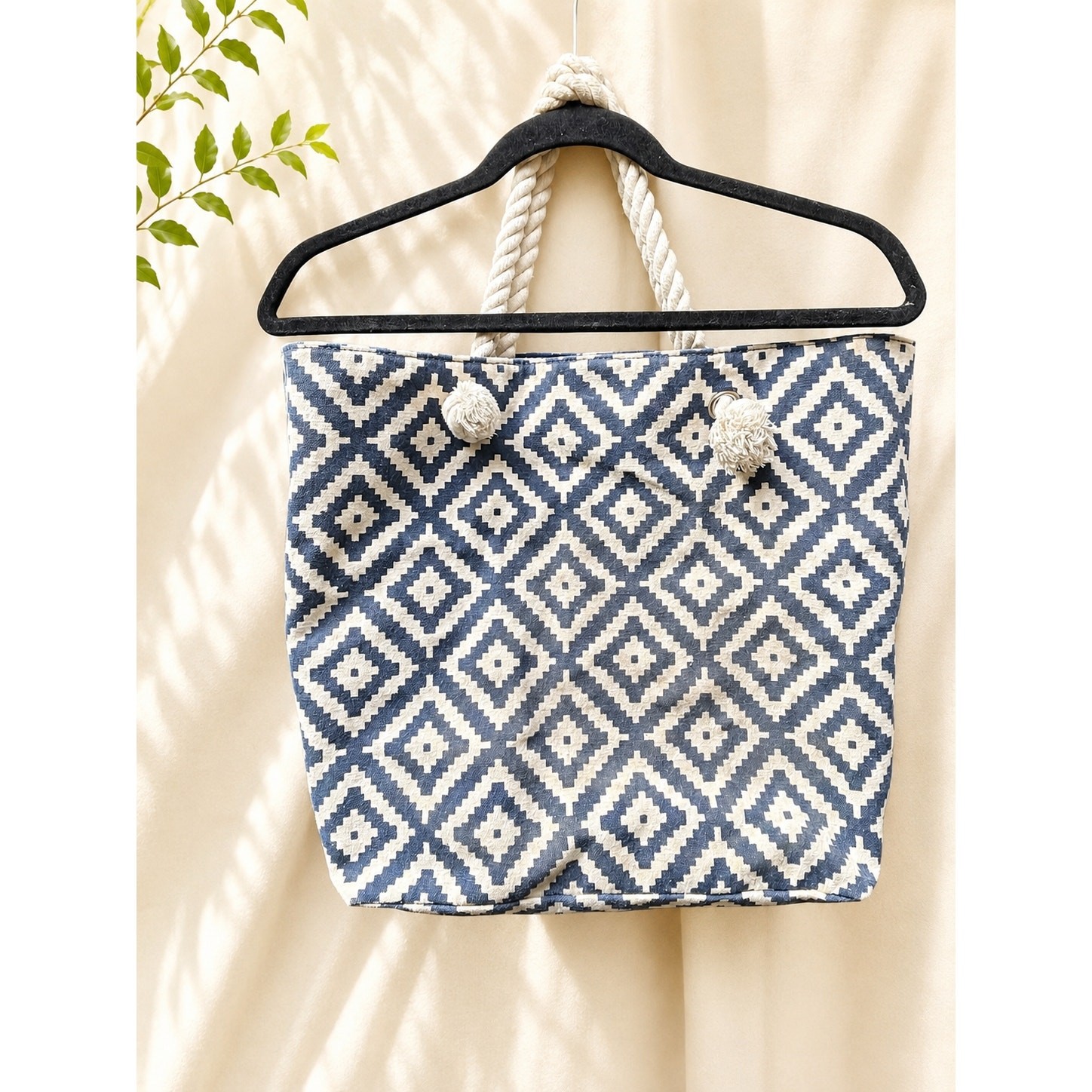 Summer & Rose Blue & Ivory Geometric Rope Handle Tote Bag Coastal Beach Travel