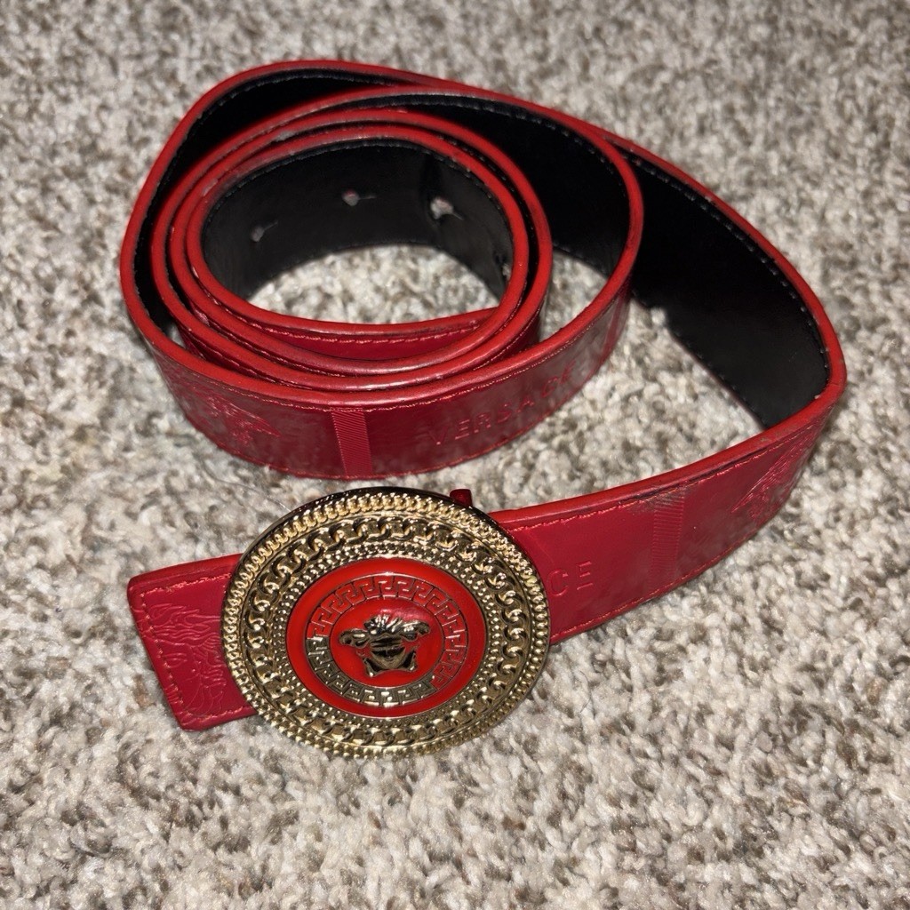 Vintage Red 1990s Versace Red Medusa Belt 45 Inches