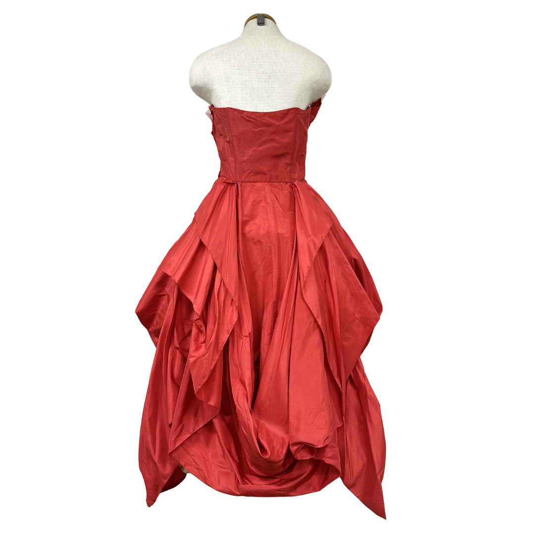Vintage 1950s Ceil Chapman Red Taffeta Draped Bustle Pointed Bust Dress