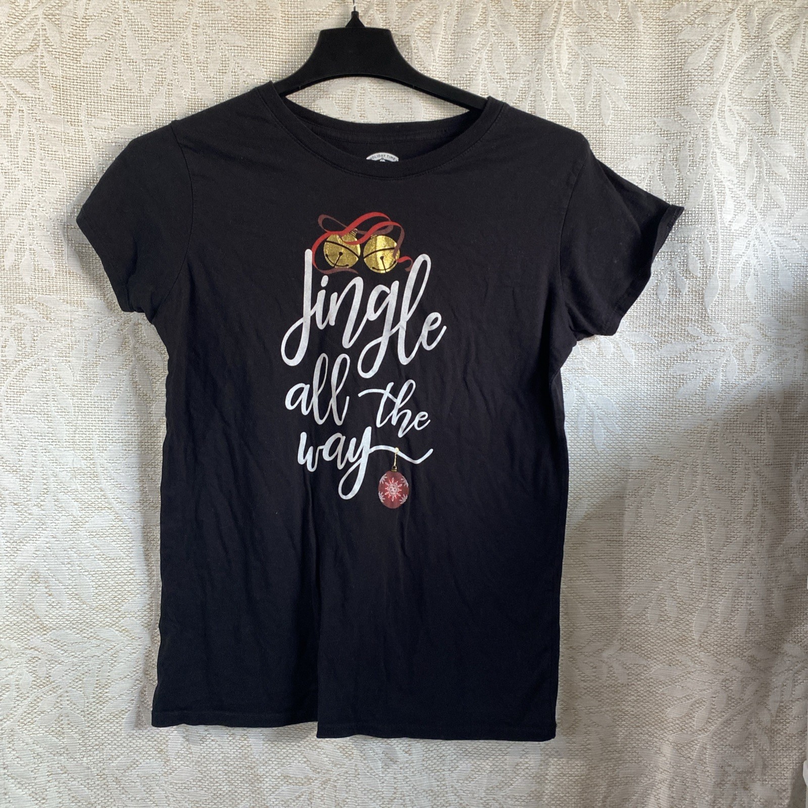 Holiday Time Ladies Black Christmas T-Shirt L 12-14 “Jingle All The Way” Casual