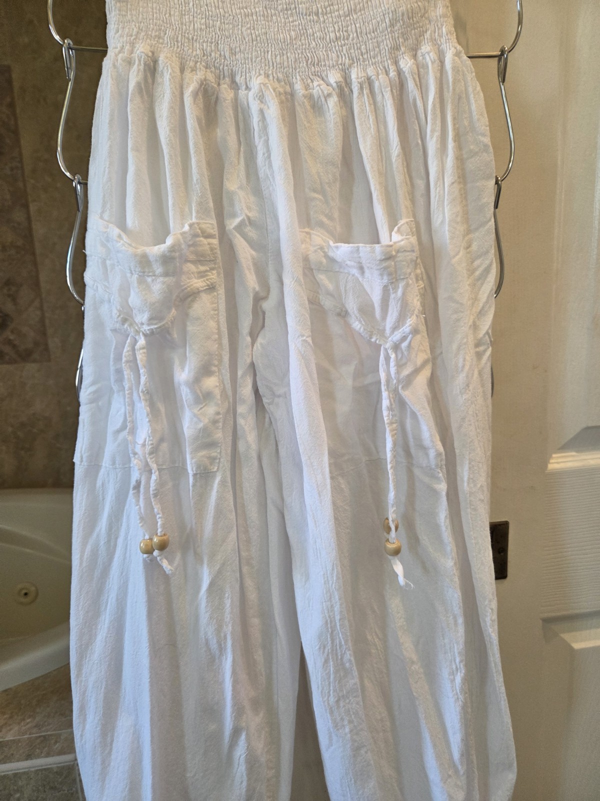 Women’s White Cotton Harem Pants High Rise Drawstring Pockets