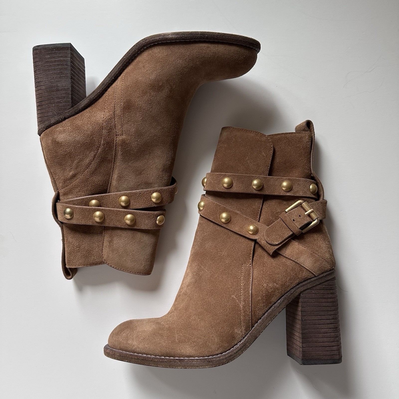 See By Chloe Janis Brown Nubuck Suede Ankle Boots Straps Studs EU 37 US 6.5