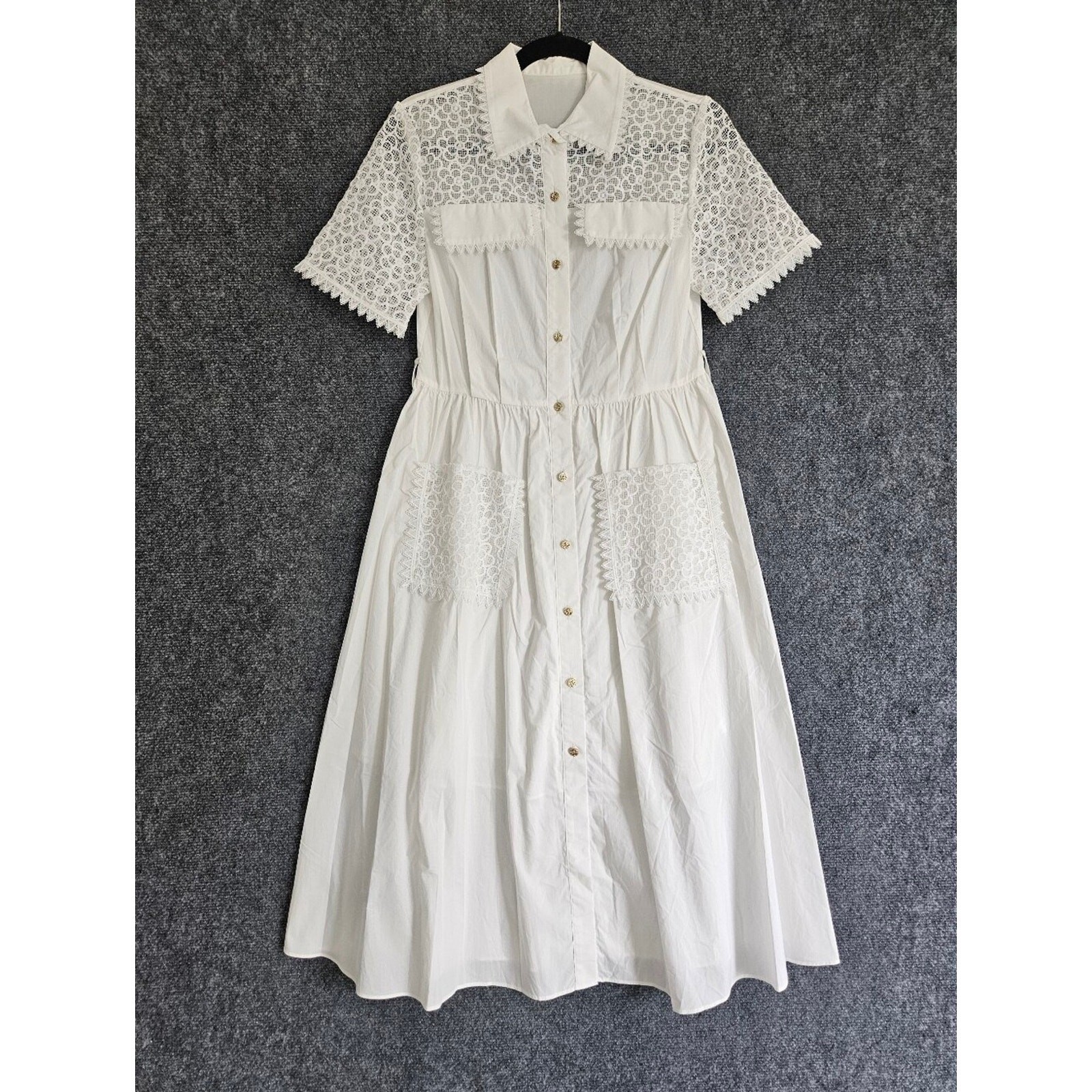 White Lace Detail Button Front Midi Dress