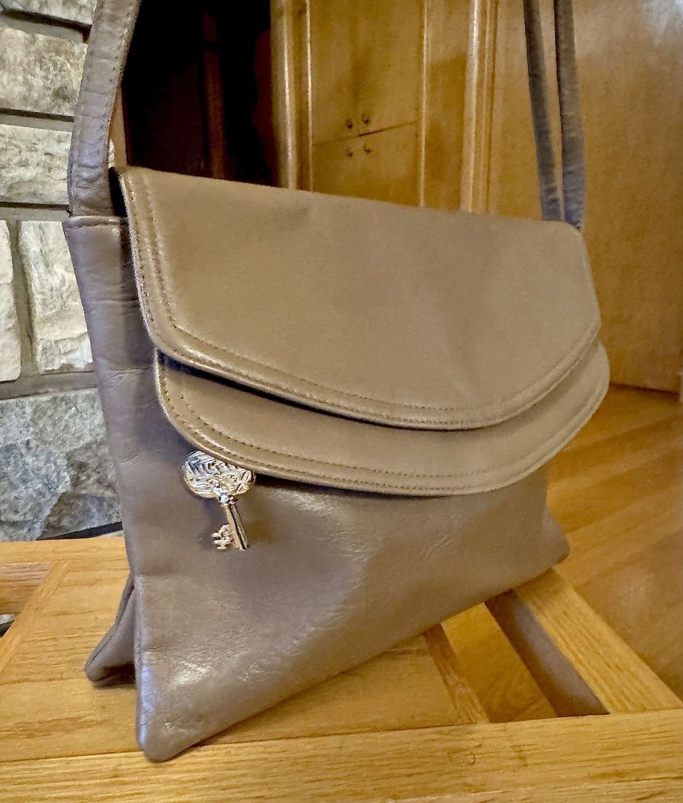 Italian Leather Shoulder Bag 2 Flap Tan Saddlebag Divided Purse Gold Logo Fob