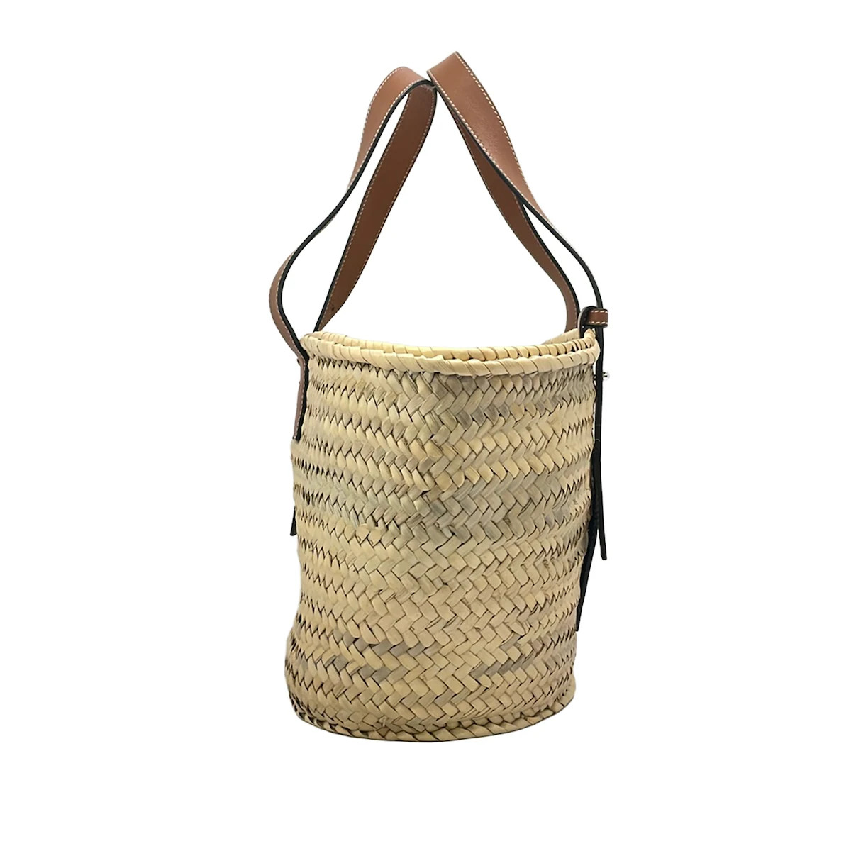 LOEWE Basket Beige Navy Brown Palm Leaf Calf Leather Tote Bag