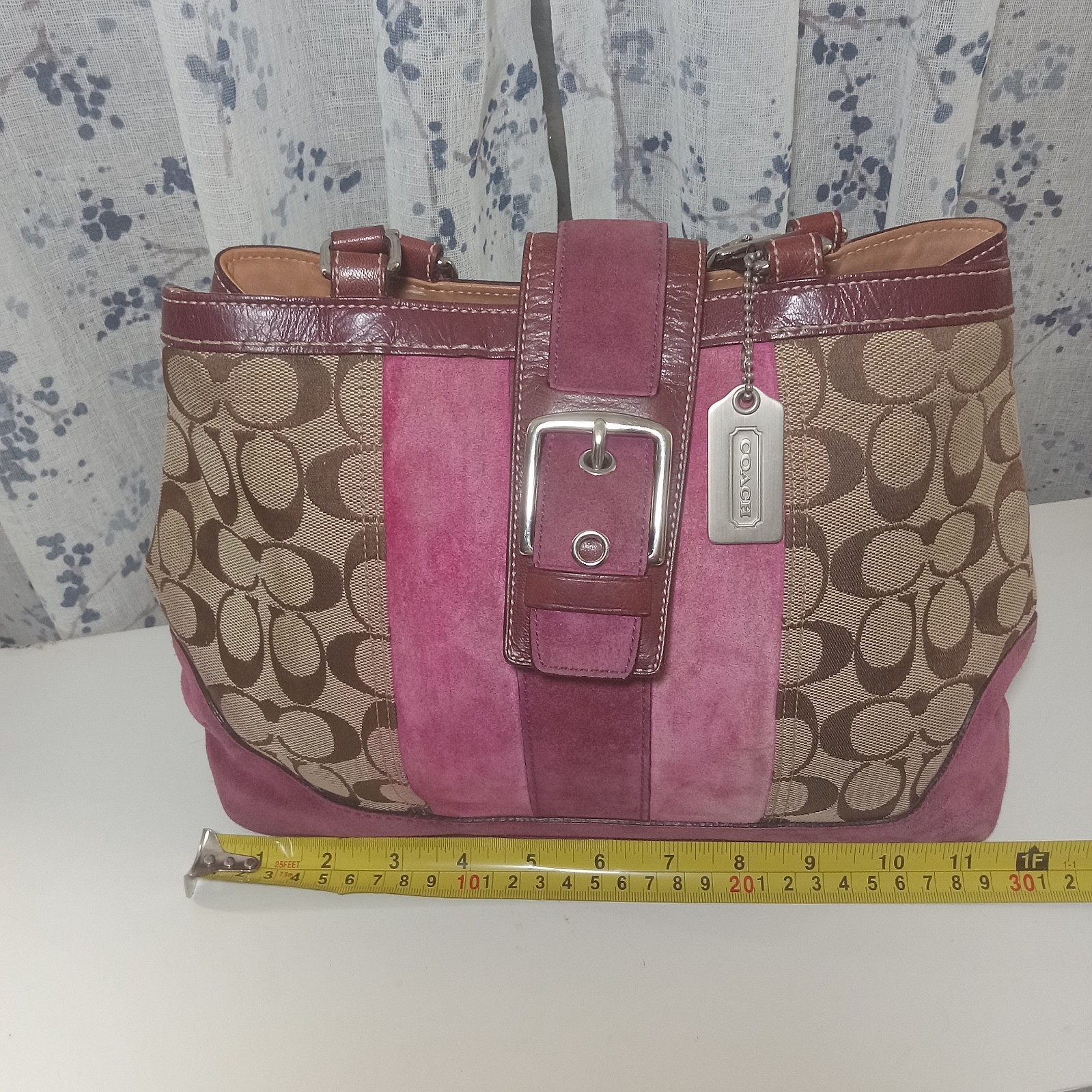 Y2K Coach Hamptons 7054 Pink Suede Signature Canvas Satchel Bag Vintage