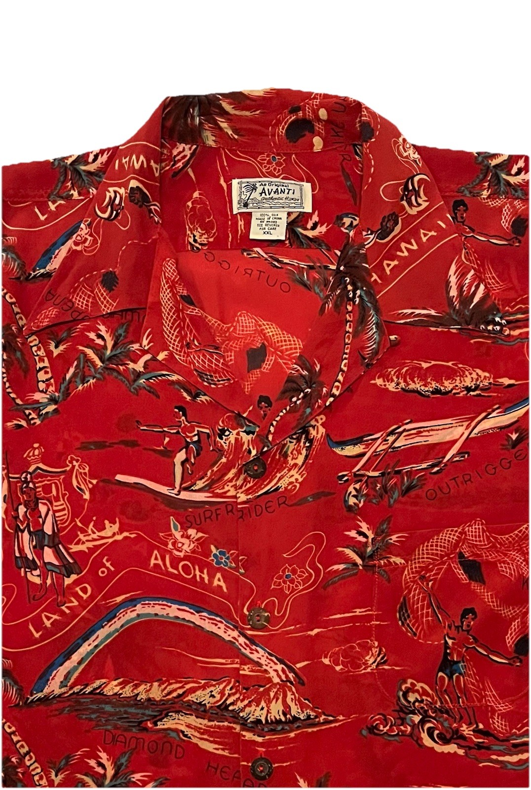 VTG AVANTI Mens 2XL Silk Aloha Graphic Print Shirt-Surfers/Outriggers Hawaiian