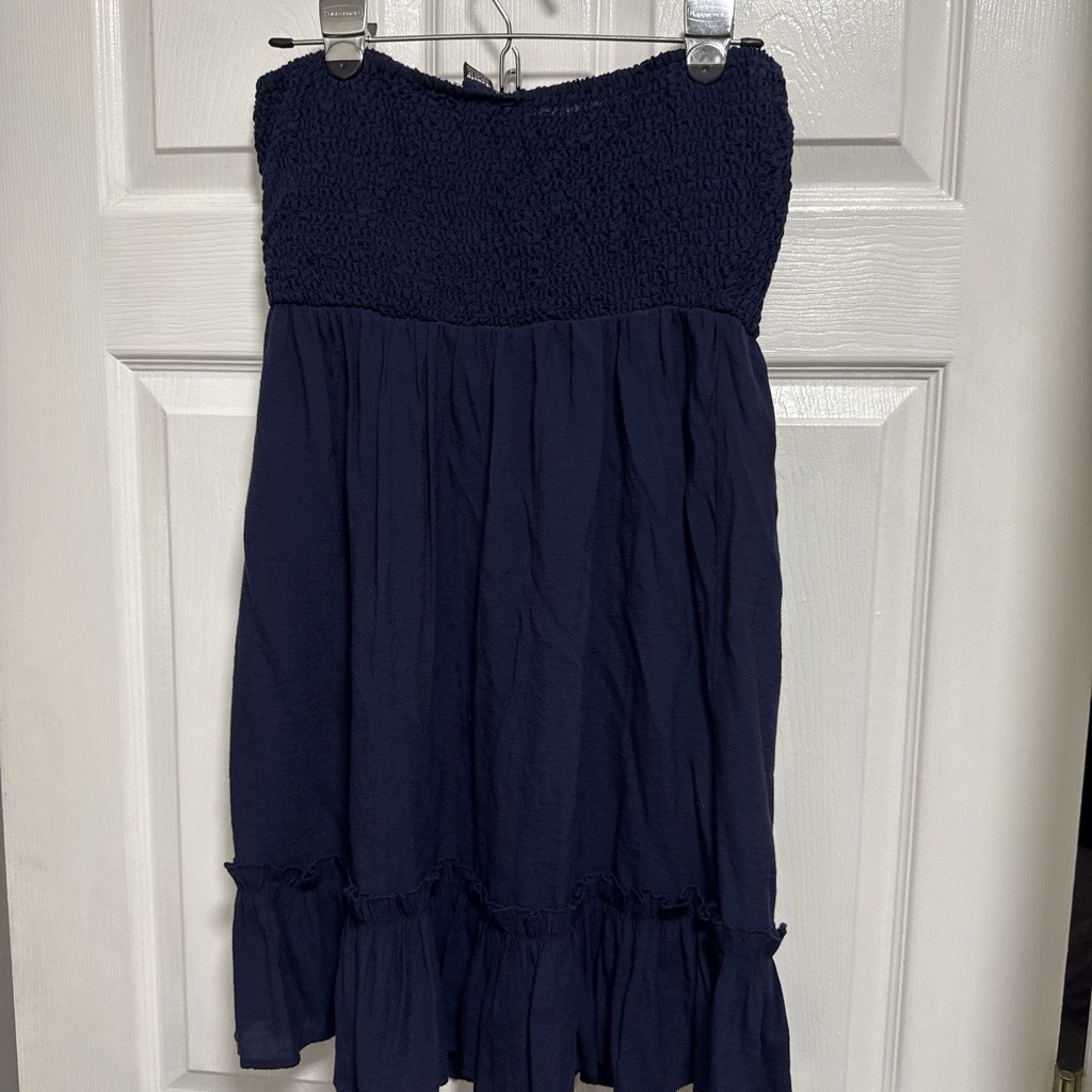 Seasty Blue Solid Strapless Smocked Pullover Short Sundress Womens L