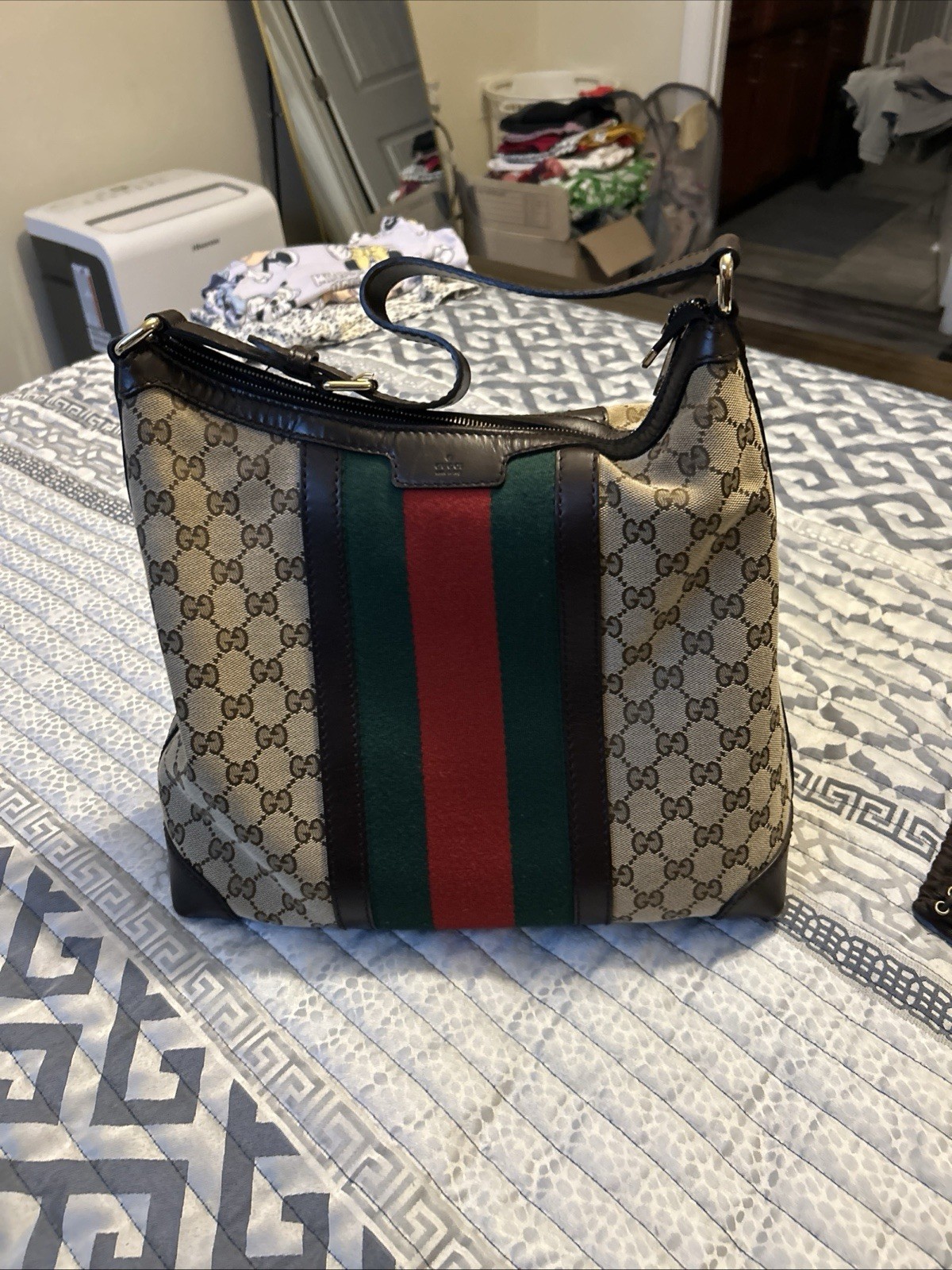 Gucci GG Web Stripe Shoulder Bag, Zip Closure, Gold Hardware, Lined, Pockets
