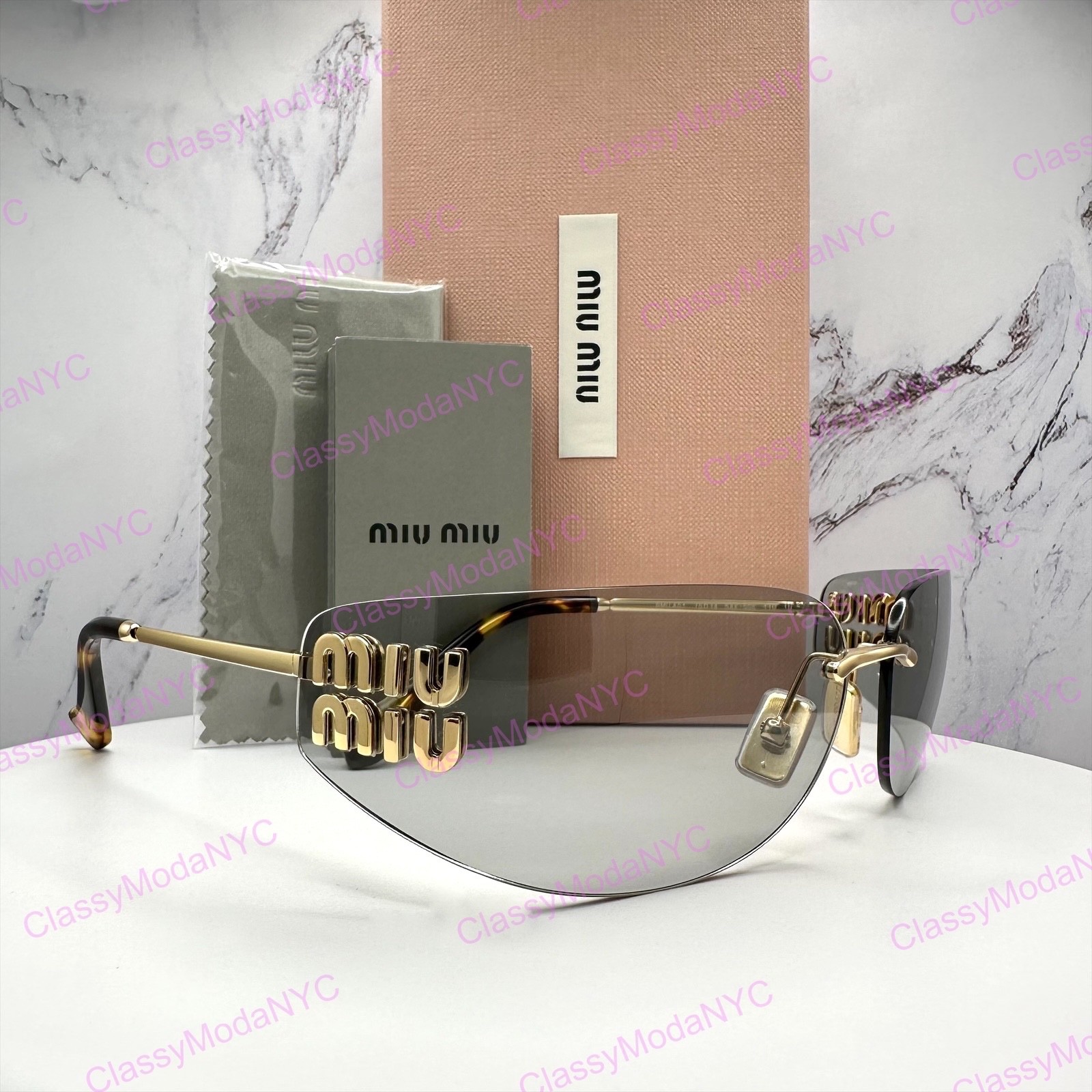New MIU MIU Sunglasses Gold Slim Runway Wrap Rimless MU A51S 5AK50K Authentic