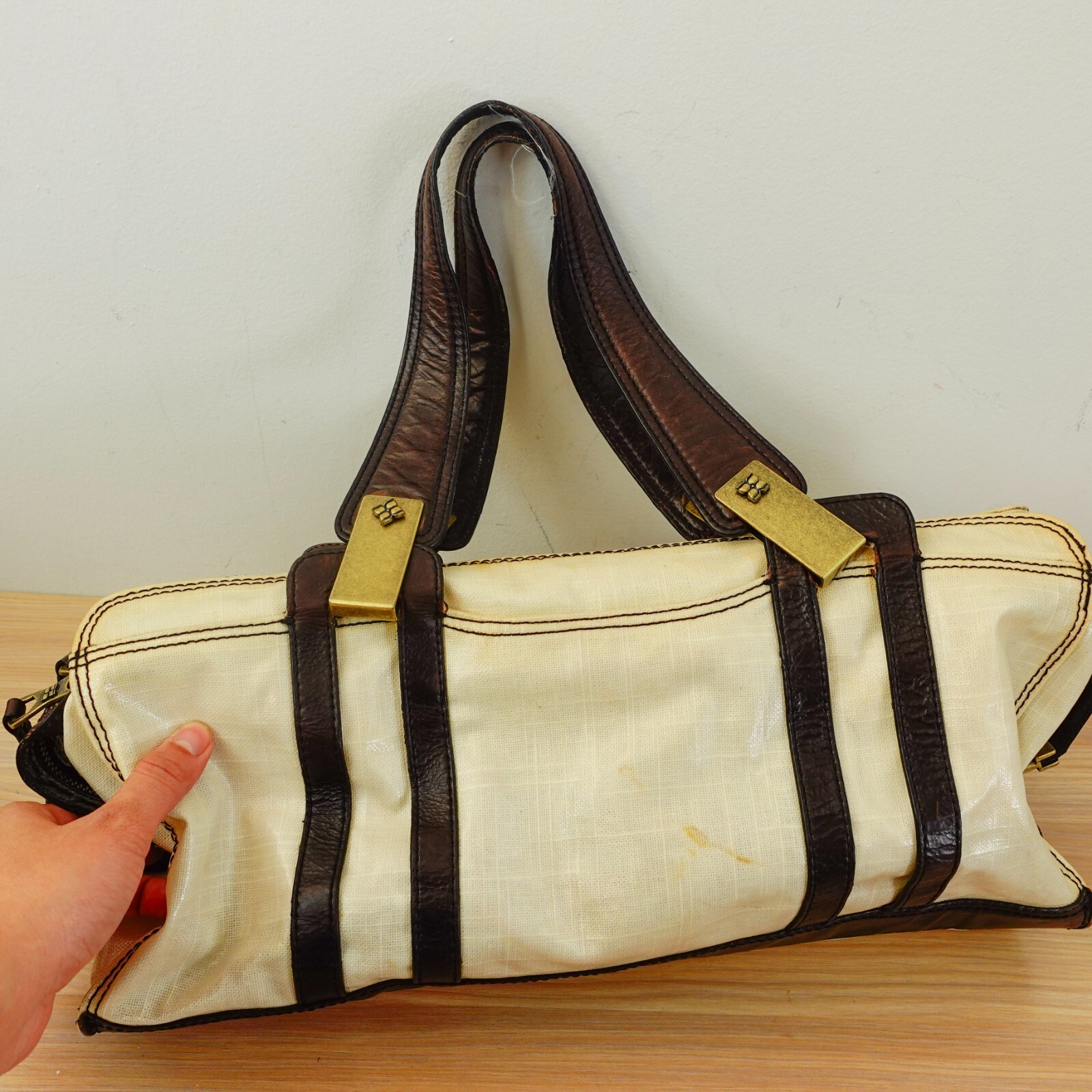 Slouchy Leather Satchel BCBGMAXAZRIA Brown Weekender Travel Mesh PVC $298 DEFECT