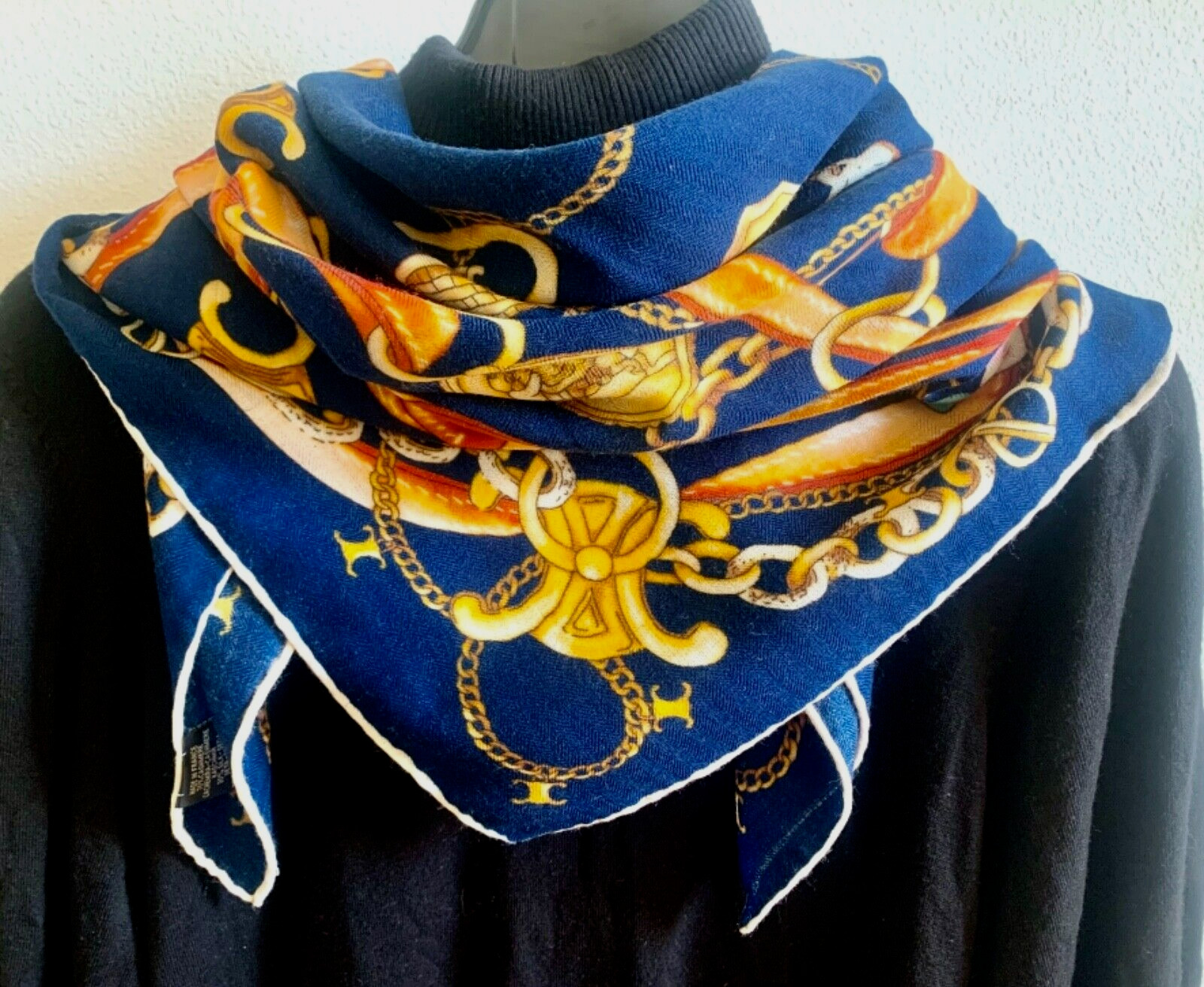 41″x41″Dark Blue Harness Print 70% Cashmere 30% Silk Thin Scarf Shawl 105x105cm