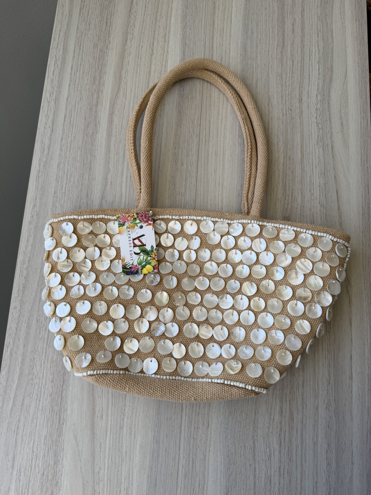 Women’s Tan Woven Tote Bag w/ Shell Disc & Beaded Accents, Double Handles
