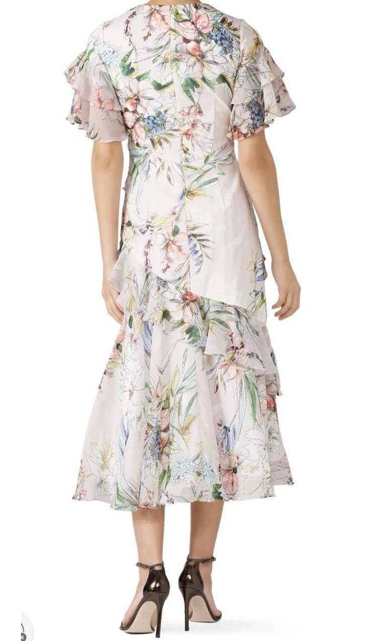 Women’s White Floral A-Line Midi Dress V-Neck Flutter Sleeves Ruffle Layered