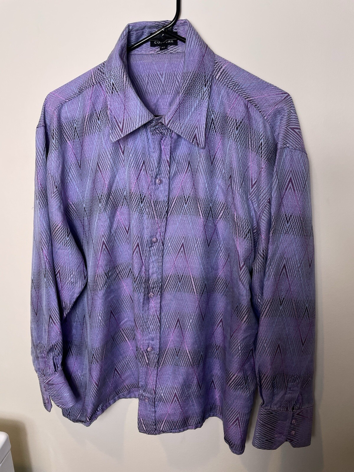 Creme De Silk CDS Metallic Silk Men’s Shirt XL Purple Pattern
