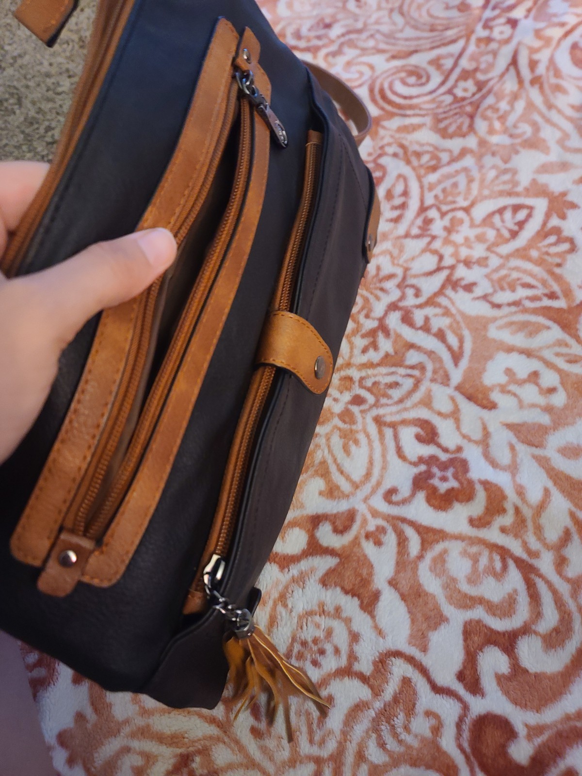 FADRON Black/Brown Medium Shoulder Bag Zip & Magnetic Tassel Inner/Outer Pockets