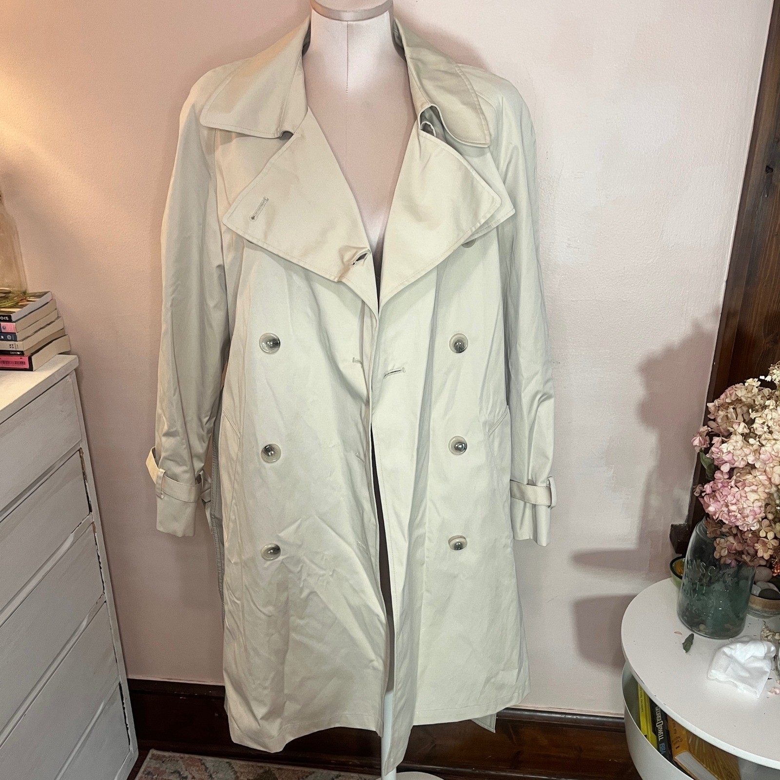 Worthington Womens Double Breasted Trench Rain Coat Beige Belted Lining Medium