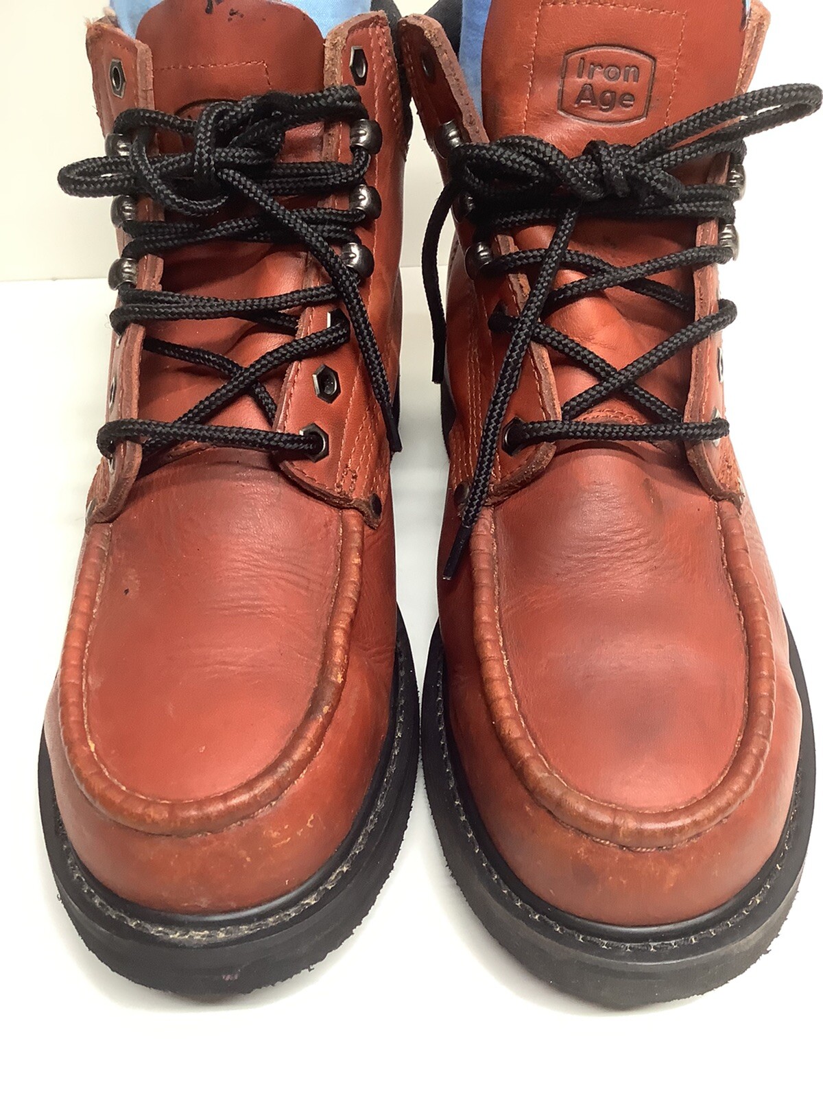 VTG MENS IRON AGE EH STEEL TOE MOCCASIN WORK ORANGE BRICK BOOTS SIZE 9.5 EE