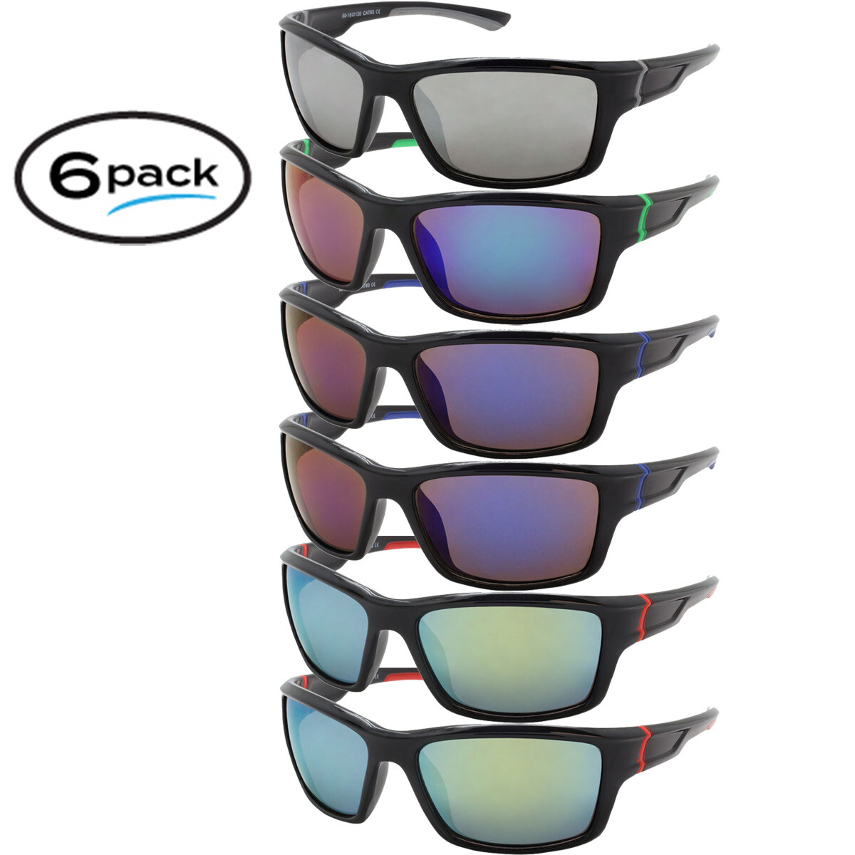 Mens Sunglasses Sport 6 PACK Fishing Cycle Wrap Sunglasses Color Mirror Assorted