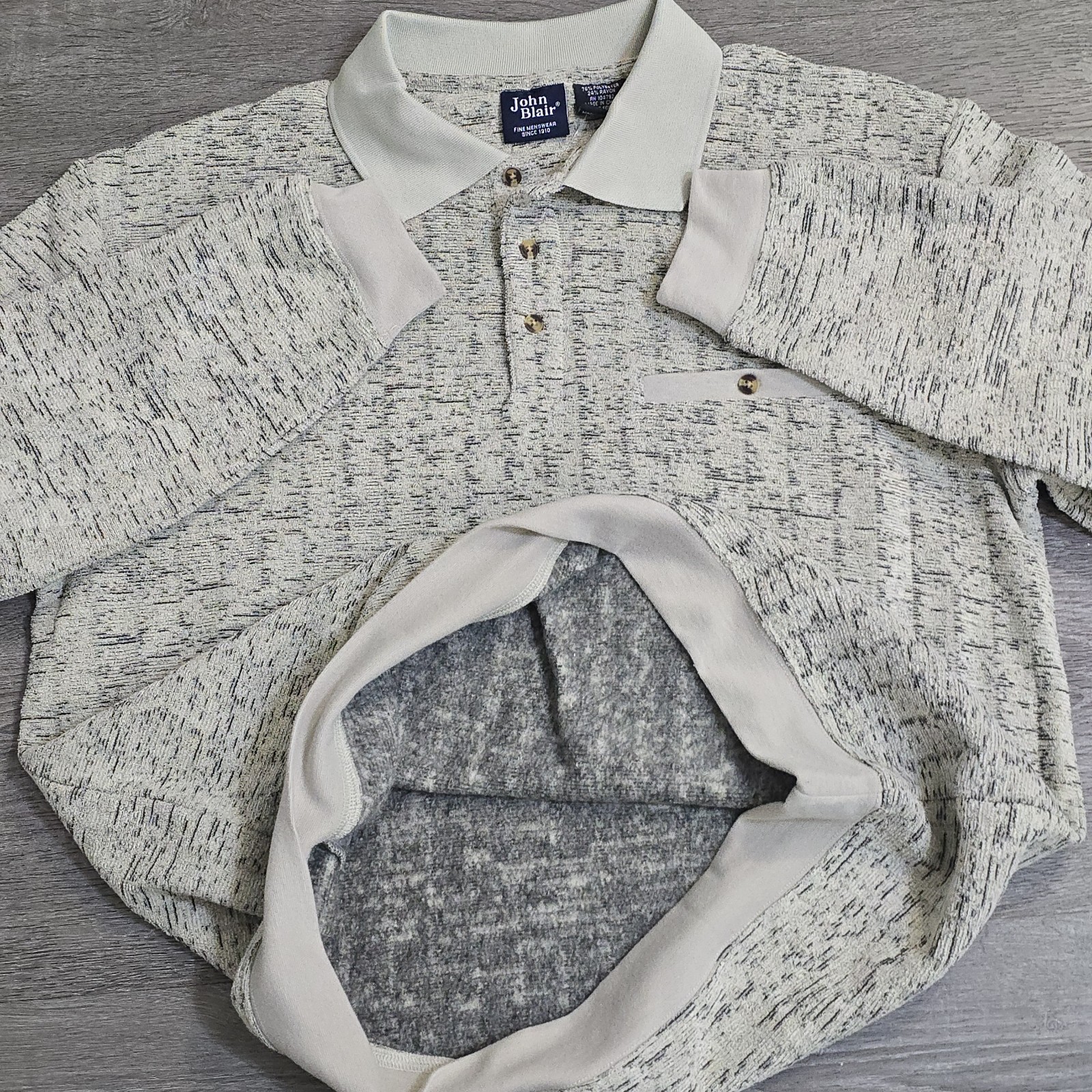 John Blair Fine Menswear Marble Knit Polo Shirt 1/4 Button Collared SoFt Lined L