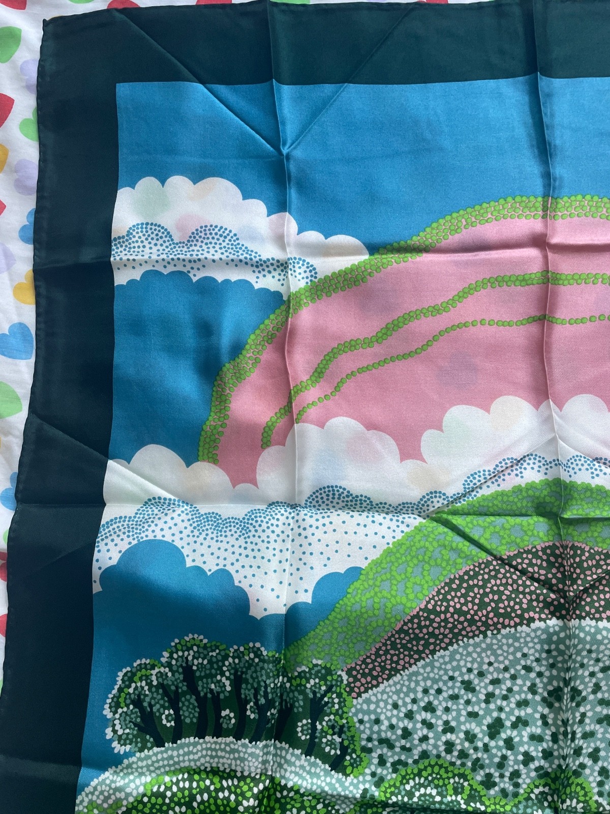Vintage New Sally Gee 100% silk rare landscape Scarf 26.5″ square, made in Japan