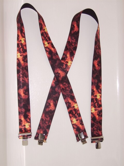 Men’s X Style Smoke & Red Flames Suspenders, Clips, Loop Snaps, USA Made