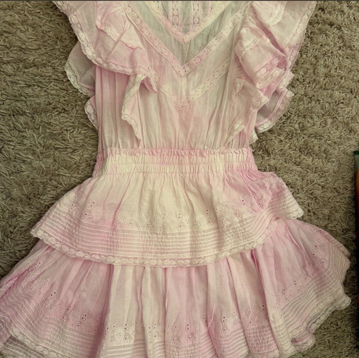 LoveShackFancy Pink/White Cotton Lace Ruffle Smocked V-Neck Mini Dress XS