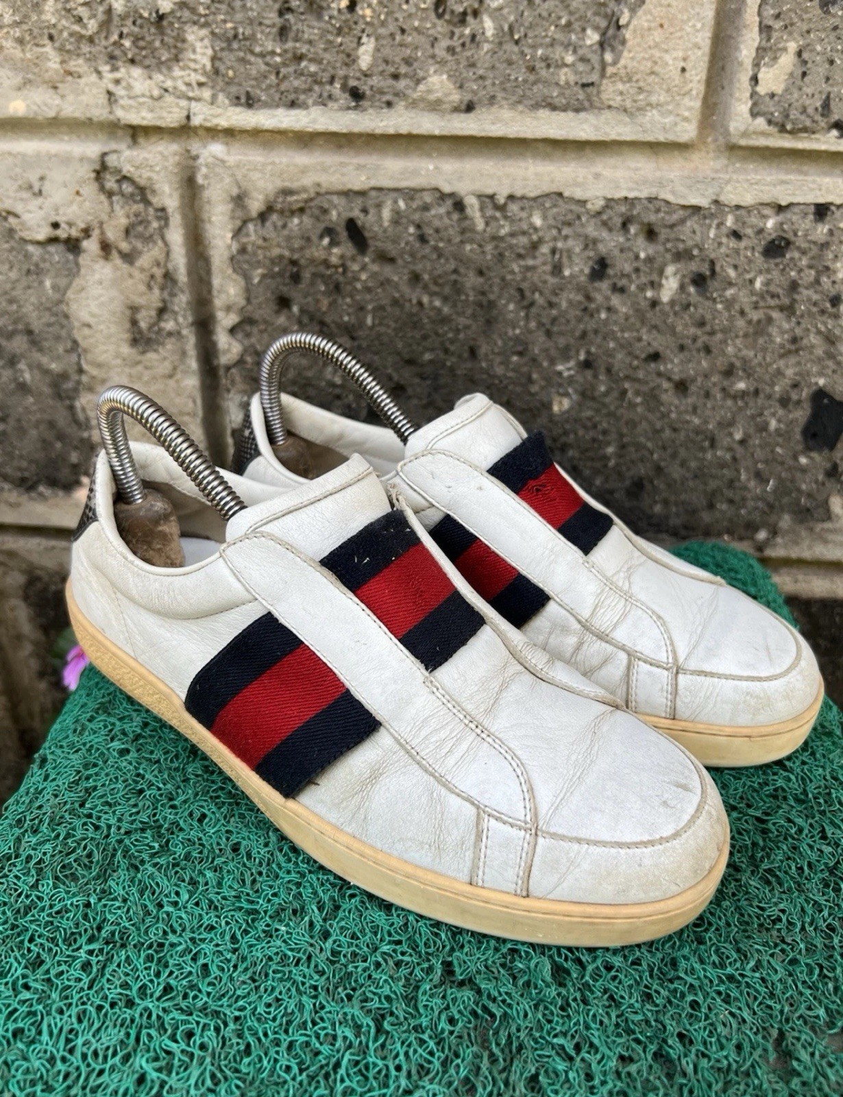 Gucci White 322749 Men’s Leather Slip-on with Web Sneakers U.S 6