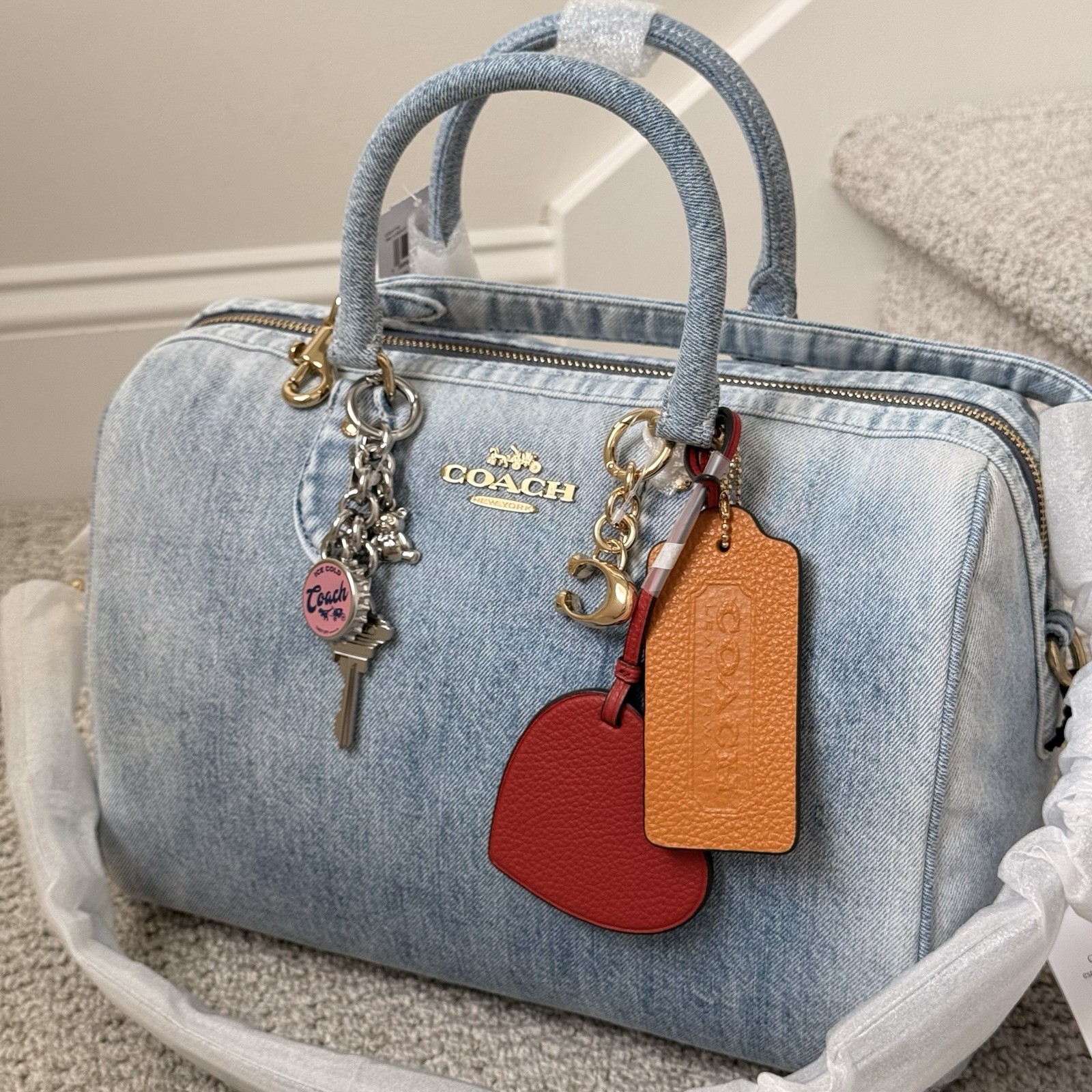 NWT COACH Rowan Large Satchel Bag In Loved Denim With Charms CDY75 Light Indigo
