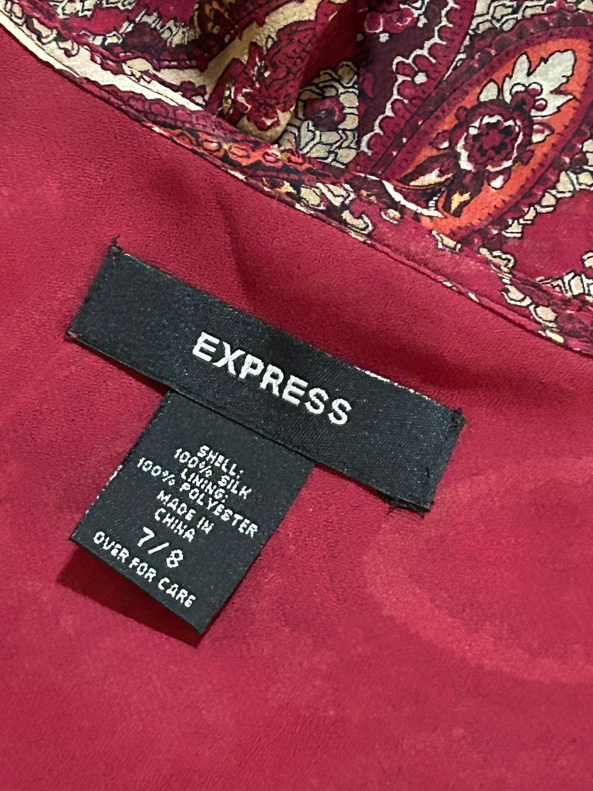 Express Red Paisley 100% silk Ruffle neck Flounch Sleeves Cinch Waist Dress 7/8