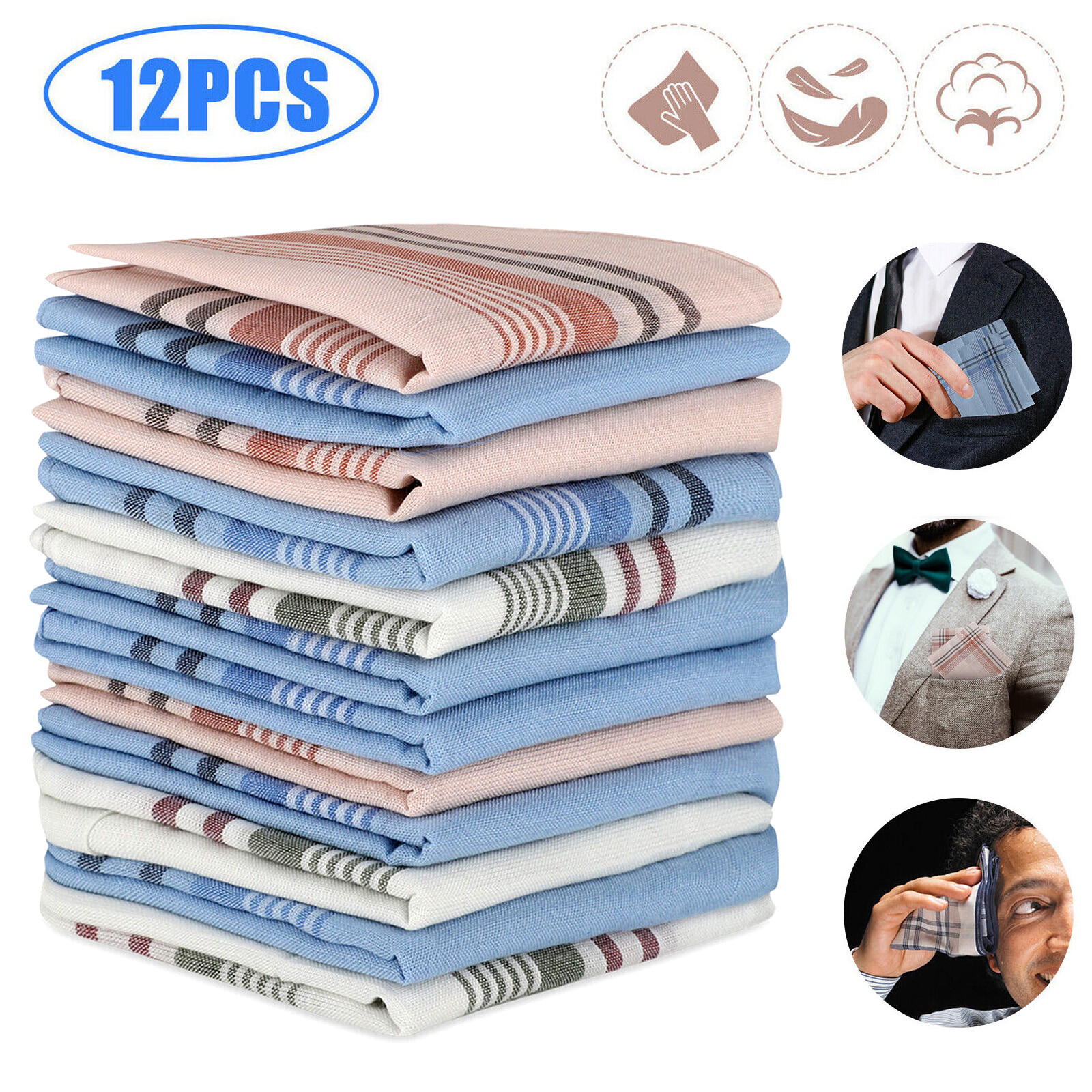 12 Pcs Random Polyester Cotton Men Handkerchiefs Hanky Pocket Square Hankie Set