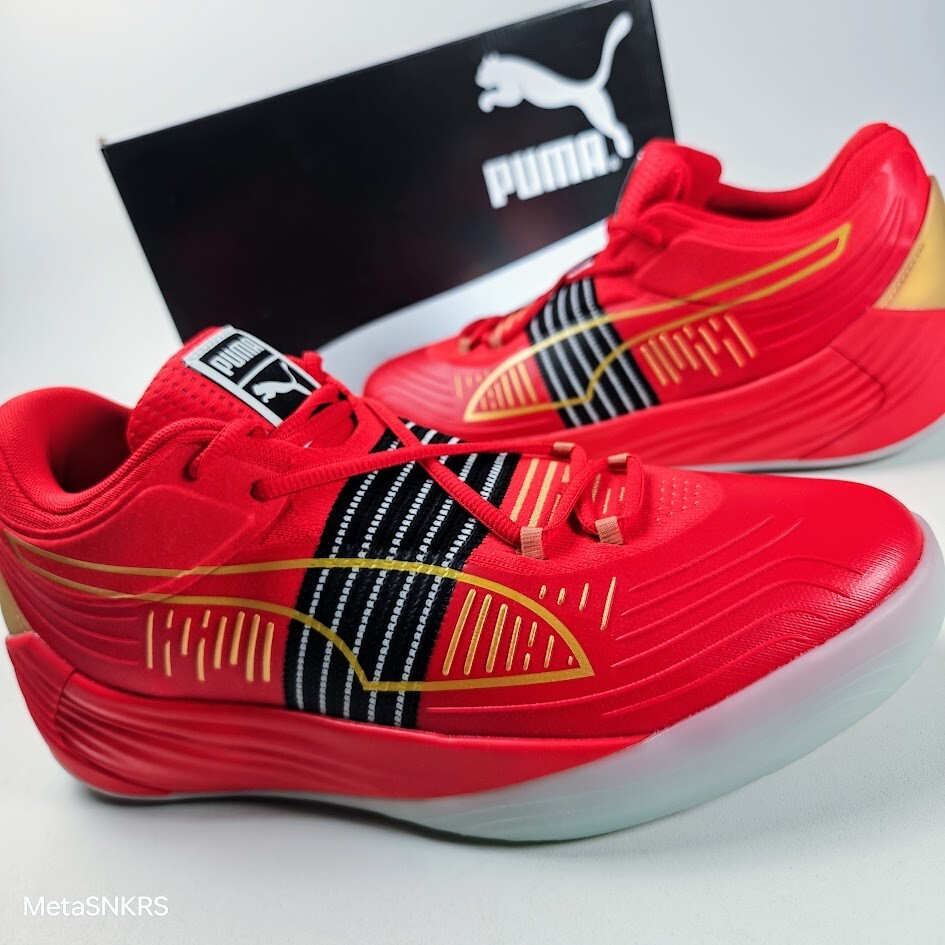 Puma US 11.5 Men’s Red Black Gold Basketball Light Fusion Nitro 195587 04 NIB