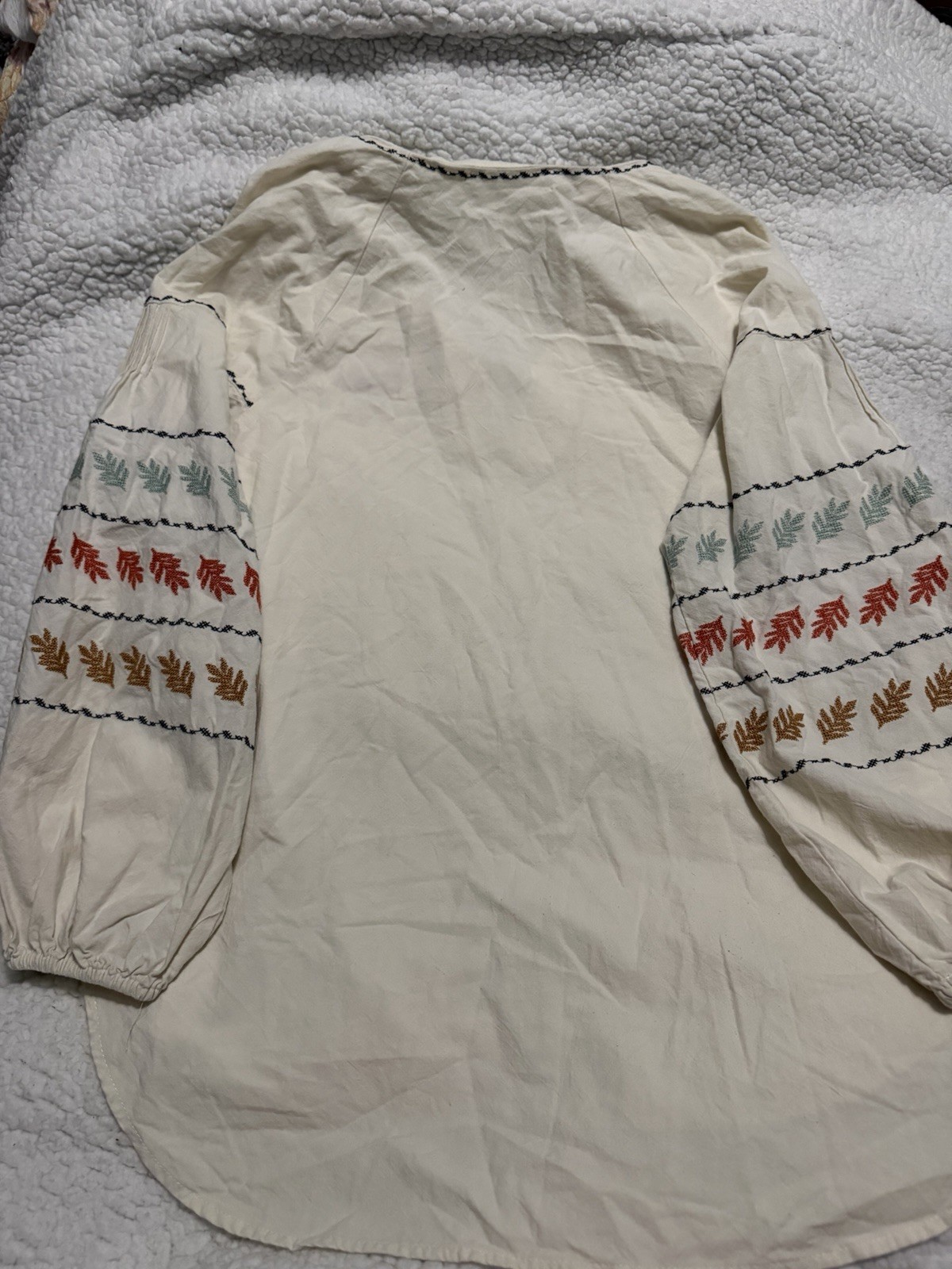 Madewell Ivory Multicolor Embroidered Peasant Blouse V-Neck Balloon 3/4 XS