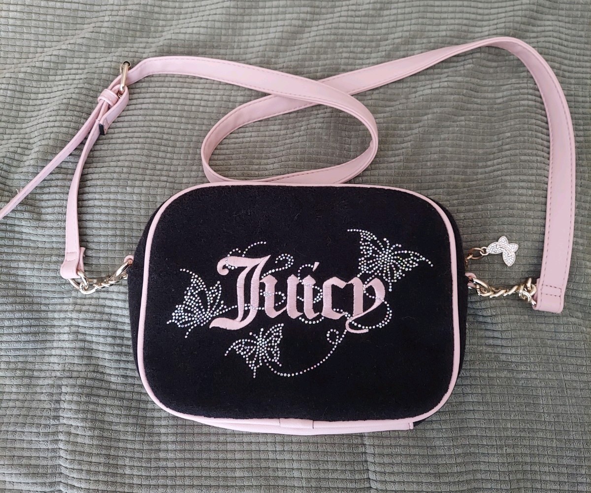 Juicy Couture Black Pink Crossbody Bag Zip Closure Rhinestone Logo Lined Pockets