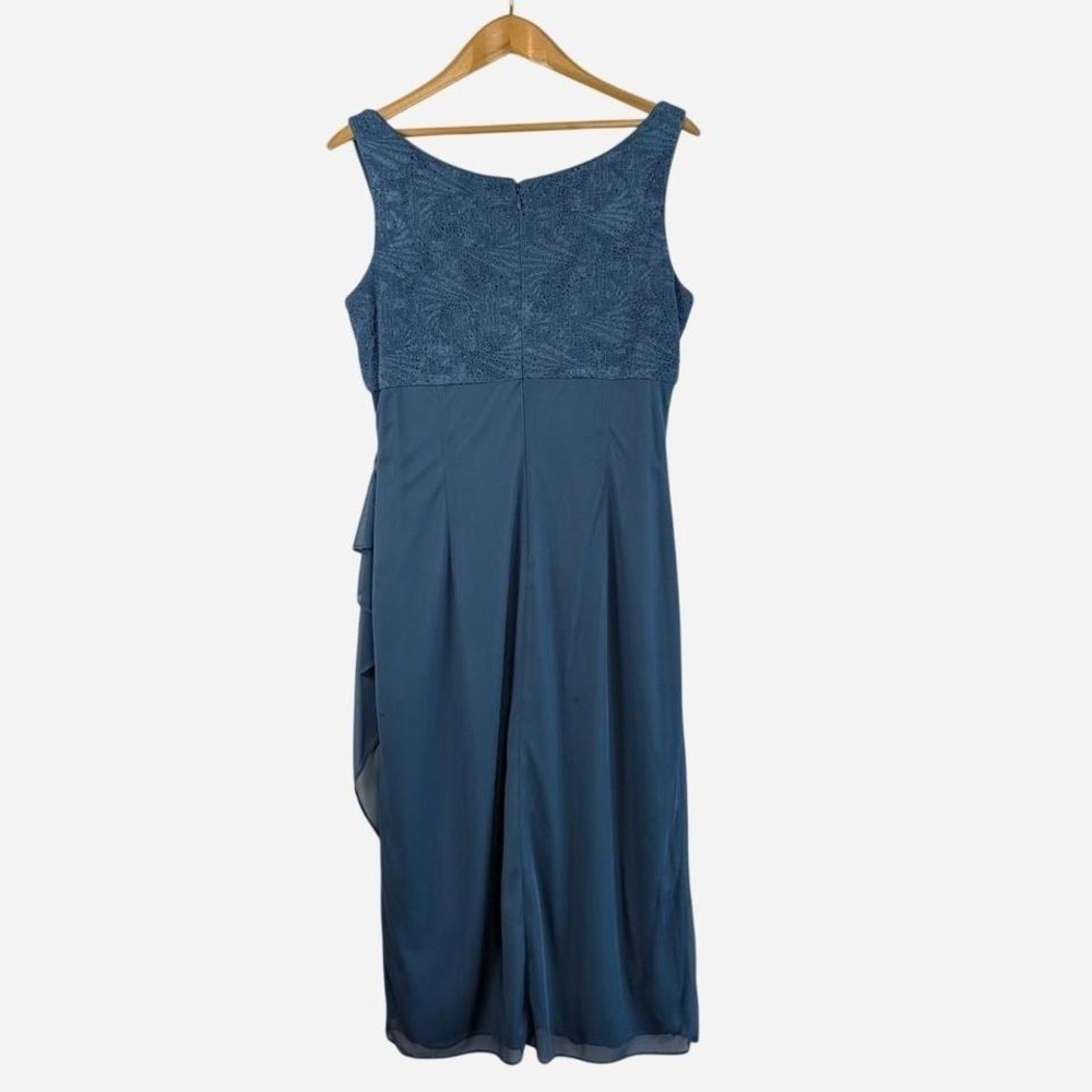 Alex Evenings Lace Bodice Side Ruffle Midi Dress Light Blue Size 16