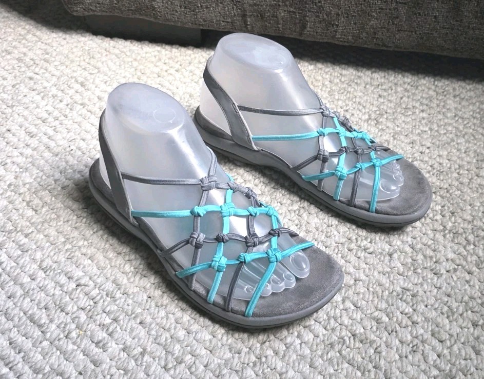 Skechers Reggae Slim Forget Me Knot Slip On Stretchy Sandals Grey Teal Women’s 8