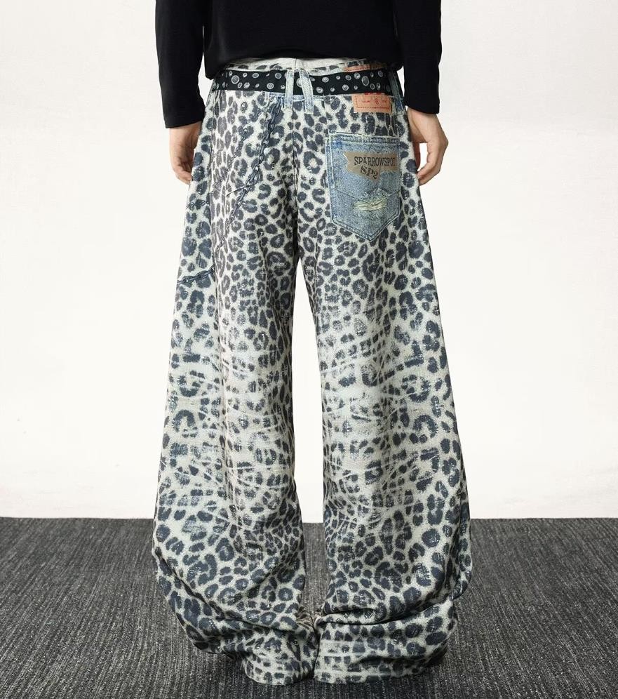 Men’s Leopard Denim Jeans Straight Leg Casual Pants Casual Punk Hip Hop Fashion