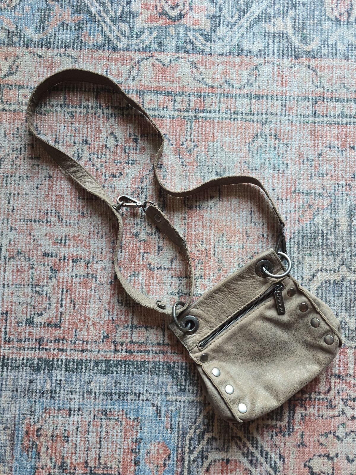 Hammitt Brushed Silver Studded Eyelet Tan Leather “Tony” Small Crossbody Bag