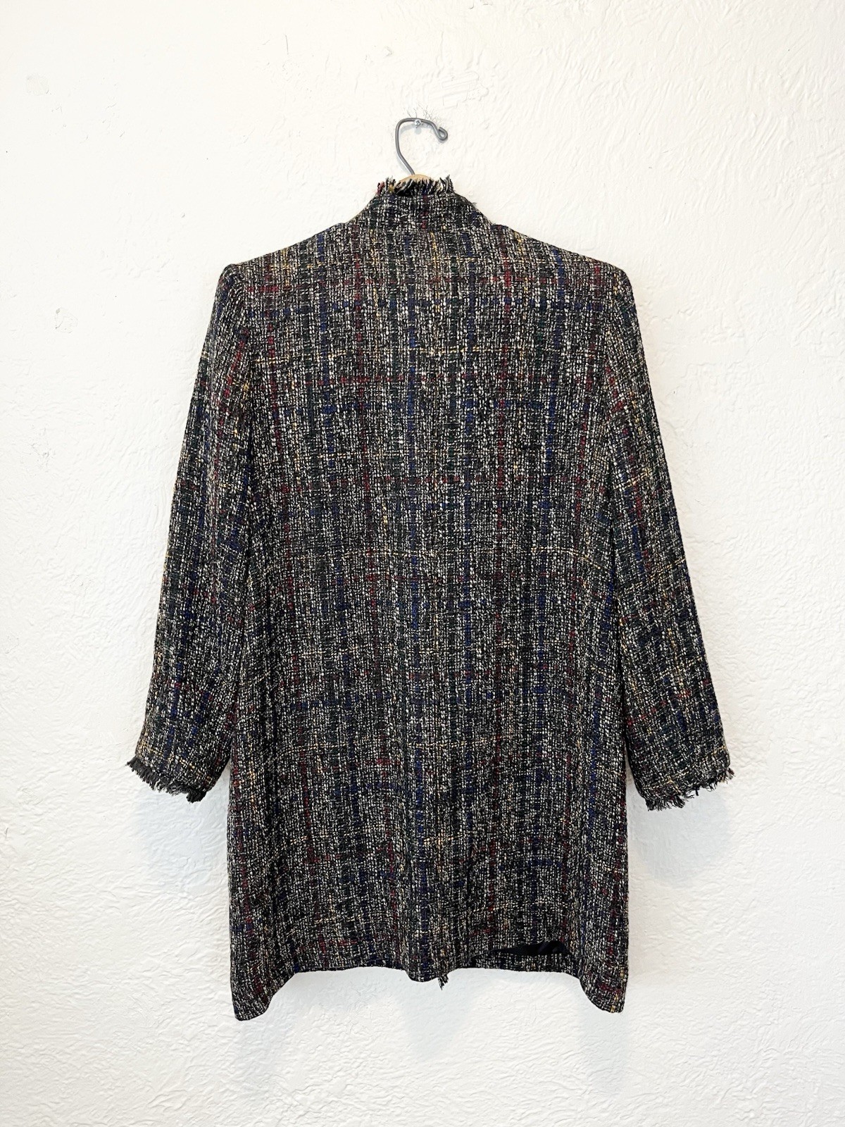 J. McLaughlin Jacket Coat Black Blue Tweed Fringe Large L