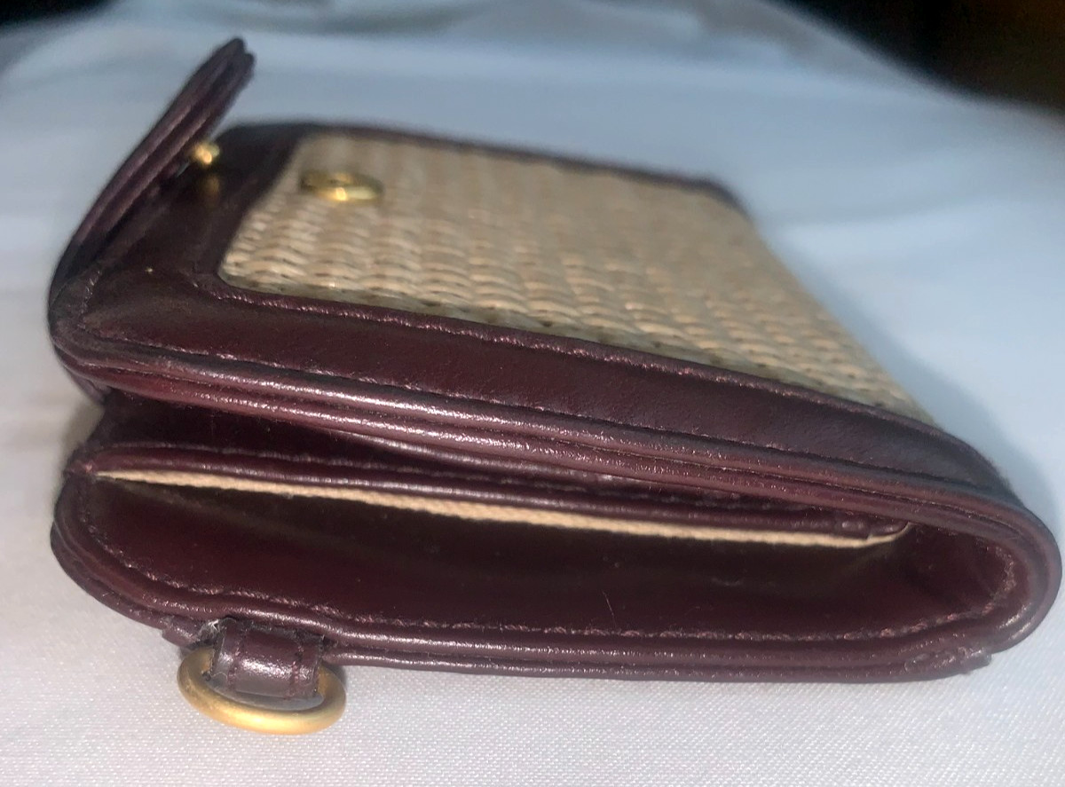 NEW Etienne Aigner Bifold Wallet & Keychain Woven Straw / Rattan Burgundy & Tan