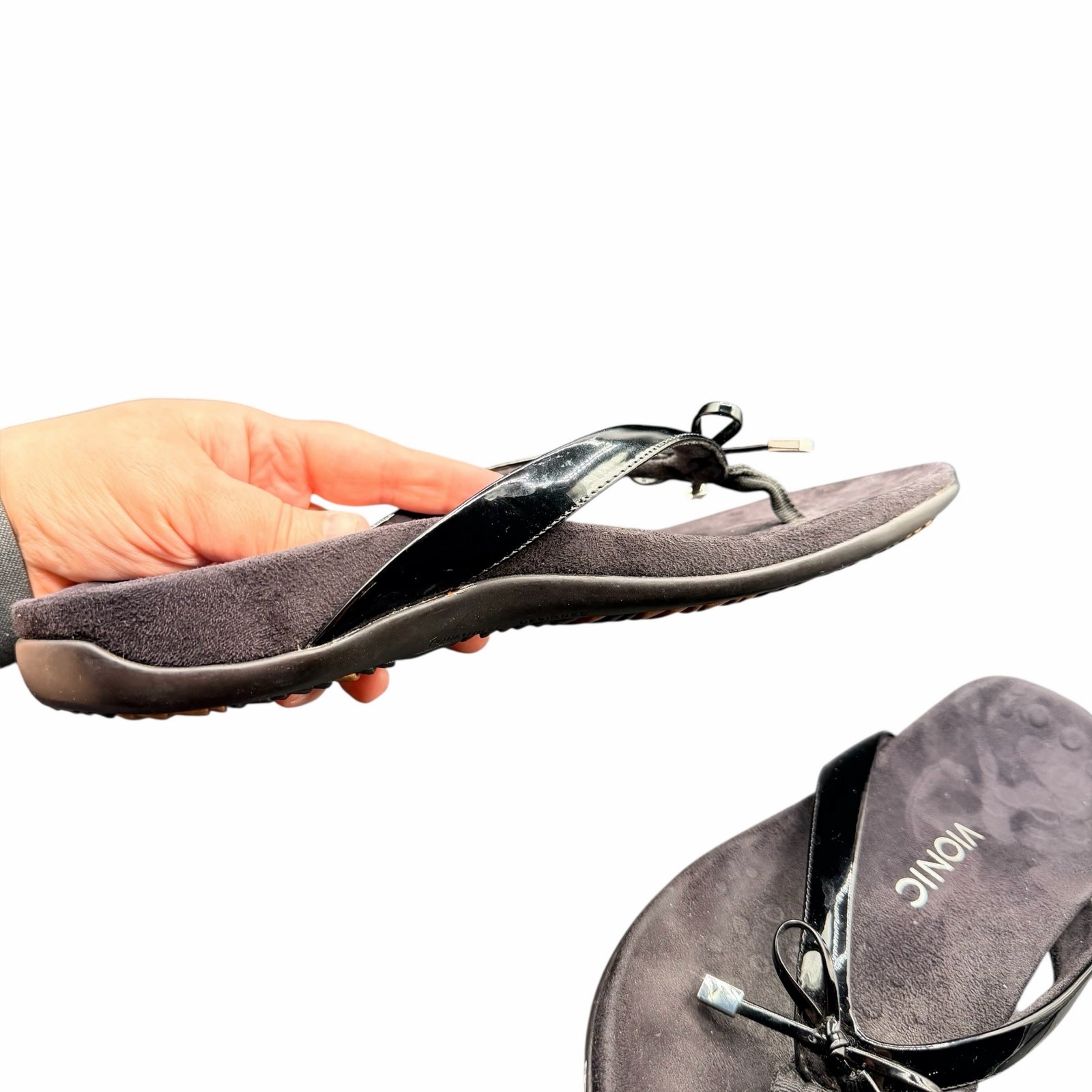 Vionic Bella II Black Patent Bow Thong Sandals Womens Size 10